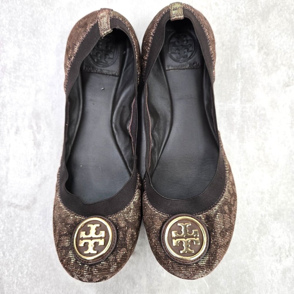 Tory Burch Ballet Flats Size 8 Animal Print Metallic Dressy Logo Ballerina Shoes - Picture 1 of 11